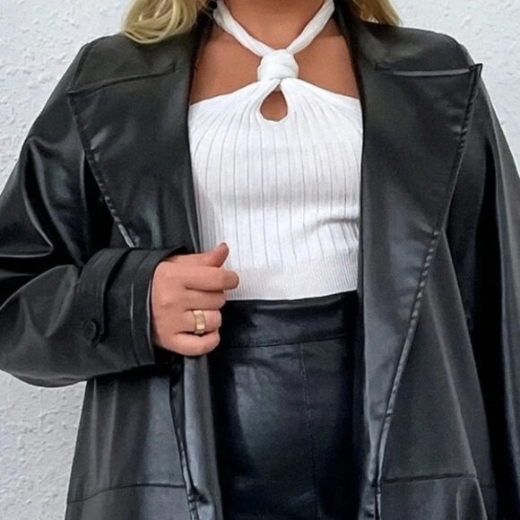 PLUS SIZE BLACK PU LEATHER COLLAR BELTED TRENCH COAT - Picture 2 of 7